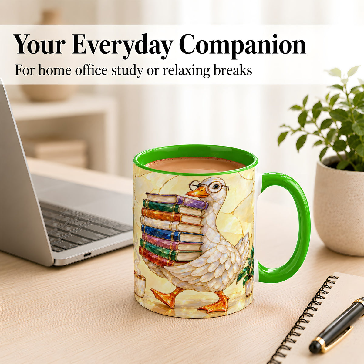 #pl[11oz|Green] Bookish Goose Coffee Mug, Reading Goose Mug, Ceramic Cup