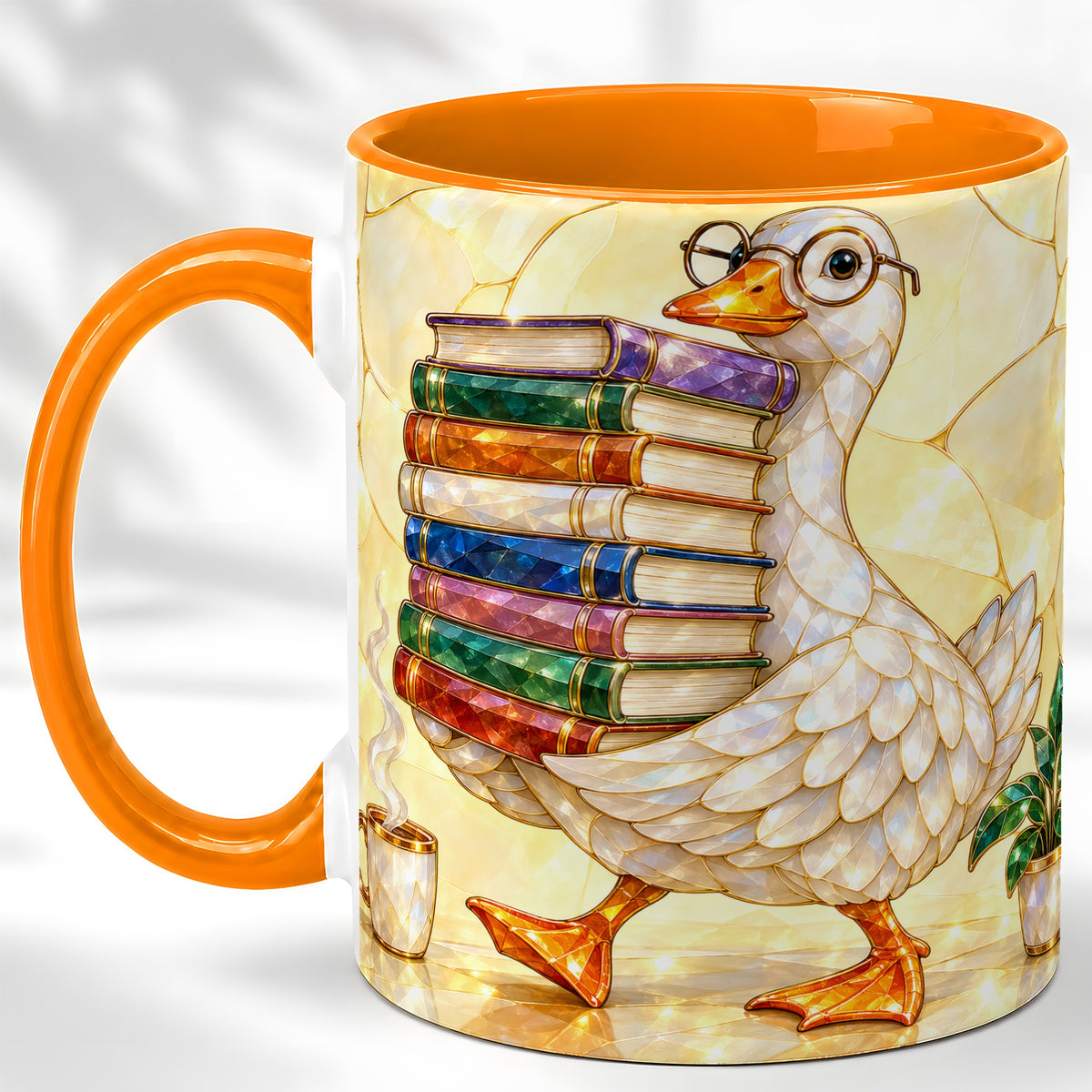 #pl[11oz|Orange] Bookish Goose Coffee Mug, Reading Goose Mug, Ceramic Cup
