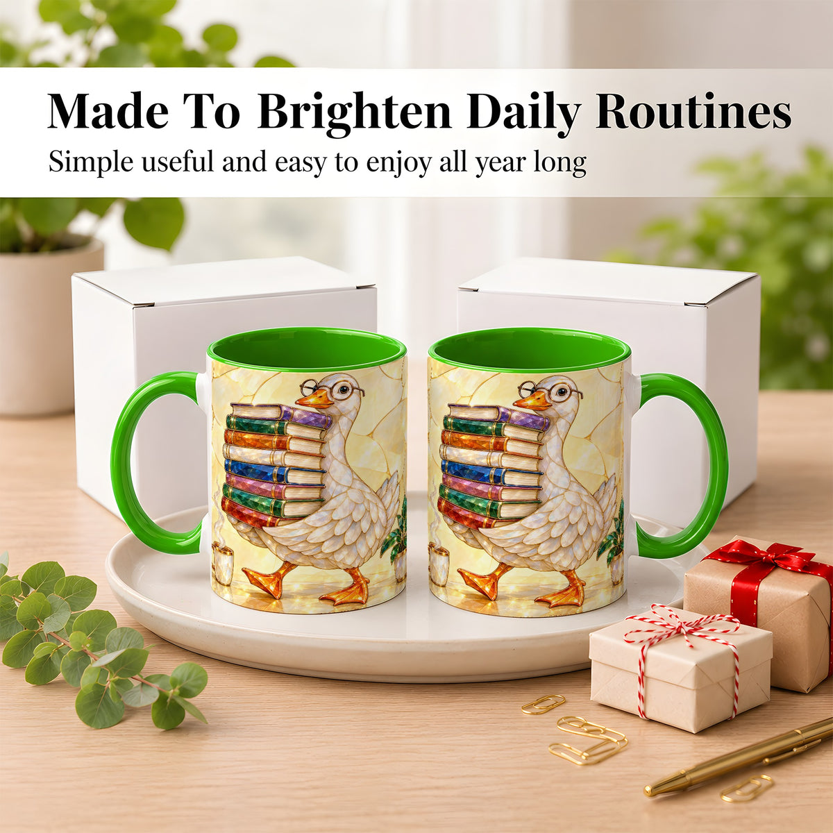 #pl[11oz|Green] Bookish Goose Coffee Mug, Reading Goose Mug, Ceramic Cup