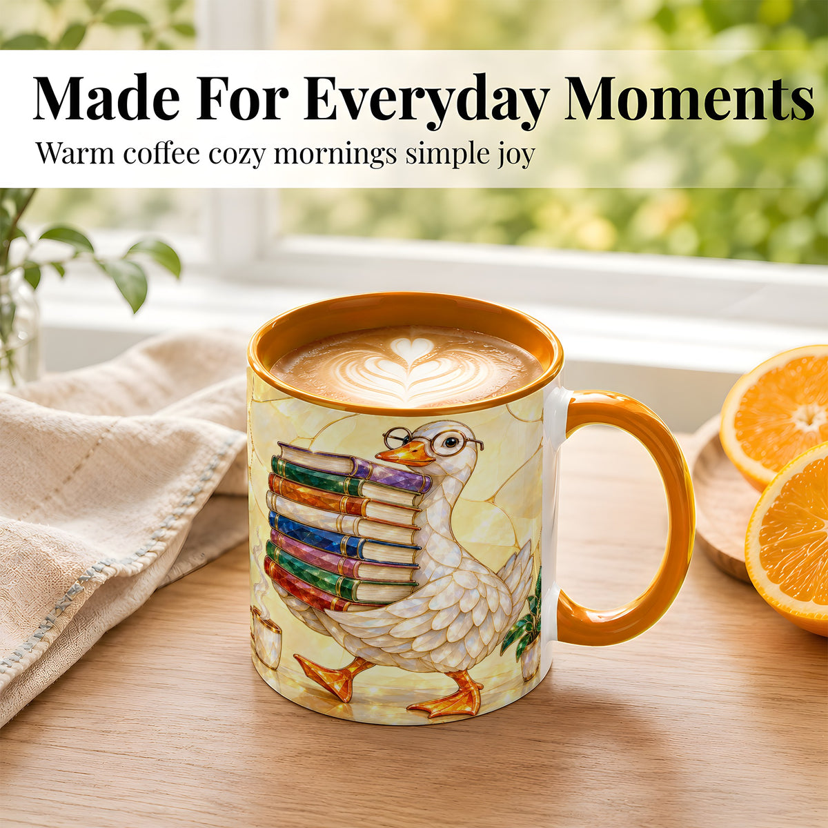 #pl[11oz|Orange] Bookish Goose Coffee Mug, Reading Goose Mug, Ceramic Cup