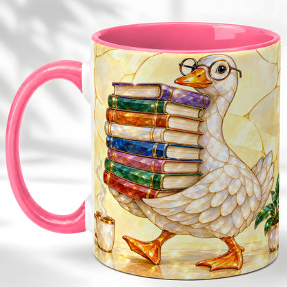 #pl[11oz|Pink] Bookish Goose Coffee Mug, Reading Goose Mug, Ceramic Cup