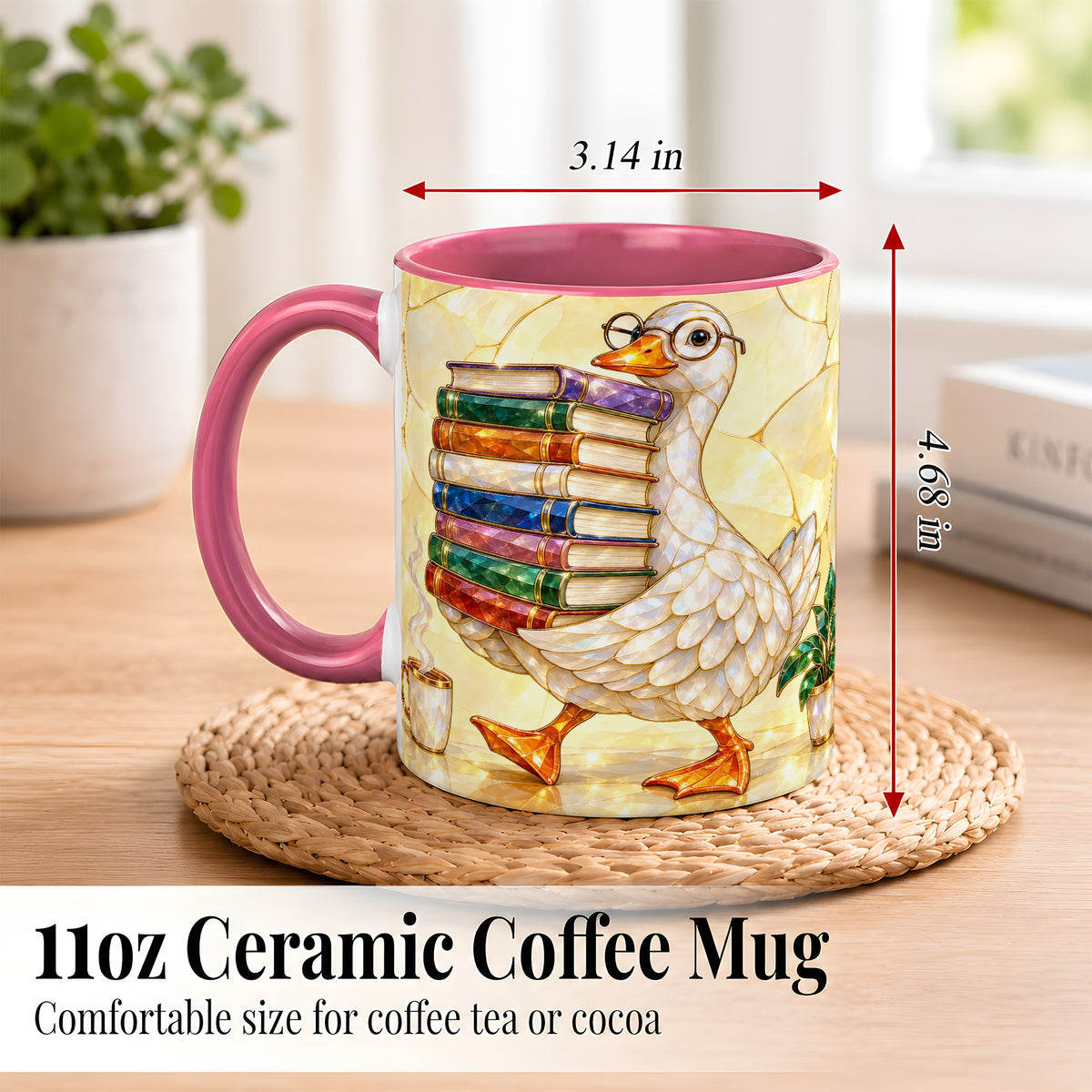 #pl[11oz|Pink] Bookish Goose Coffee Mug, Reading Goose Mug, Ceramic Cup