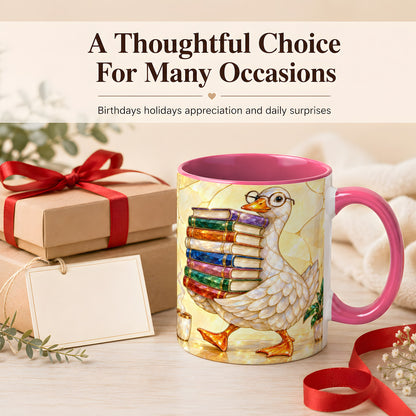 #pl[11oz|Pink] Bookish Goose Coffee Mug, Reading Goose Mug, Ceramic Cup