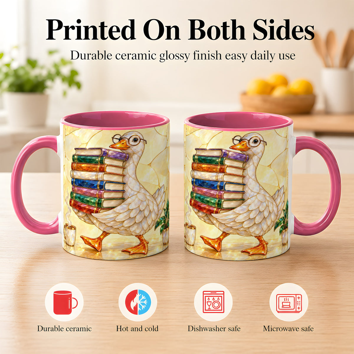 #pl[11oz|Pink] Bookish Goose Coffee Mug, Reading Goose Mug, Ceramic Cup