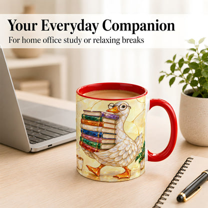 #pl[11oz|Red] Bookish Goose Coffee Mug, Reading Goose Mug, Ceramic Cup