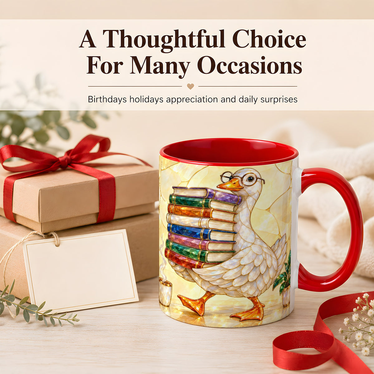 #pl[11oz|Red] Bookish Goose Coffee Mug, Reading Goose Mug, Ceramic Cup
