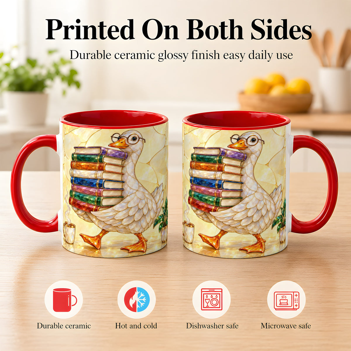 #pl[11oz|Red] Bookish Goose Coffee Mug, Reading Goose Mug, Ceramic Cup