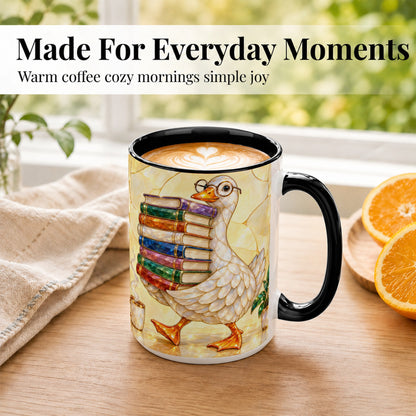 #pl[15oz|Black] Bookish Goose Coffee Mug, Reading Goose Mug, Ceramic Cup
