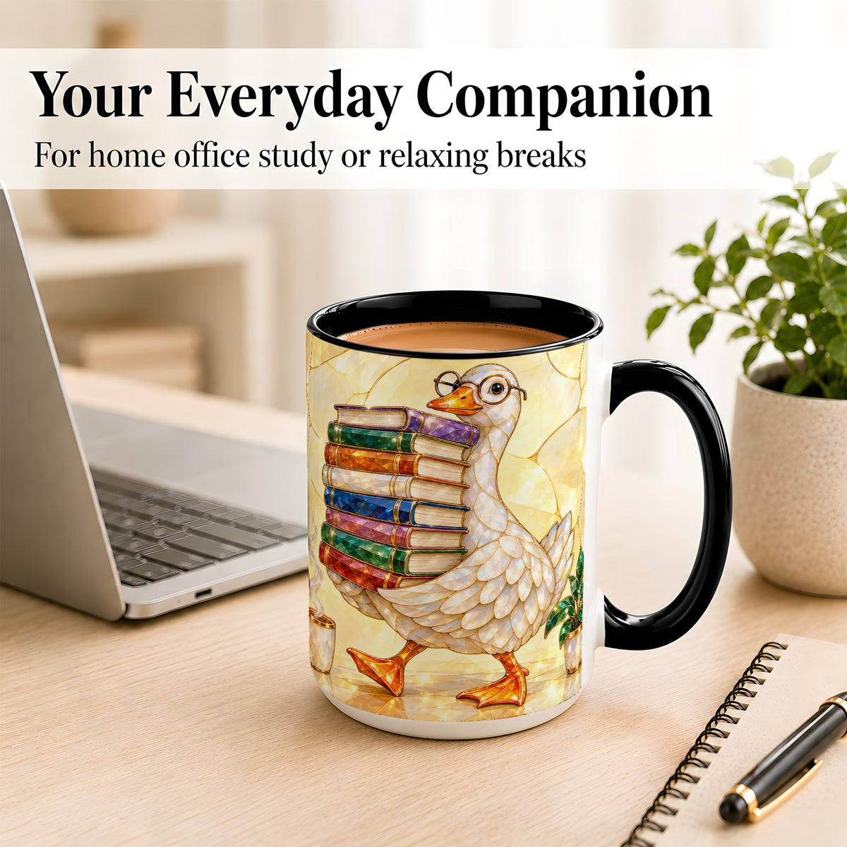 #pl[15oz|Black] Bookish Goose Coffee Mug, Reading Goose Mug, Ceramic Cup
