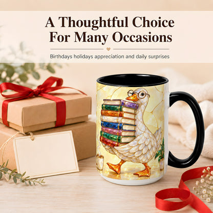 #pl[15oz|Black] Bookish Goose Coffee Mug, Reading Goose Mug, Ceramic Cup
