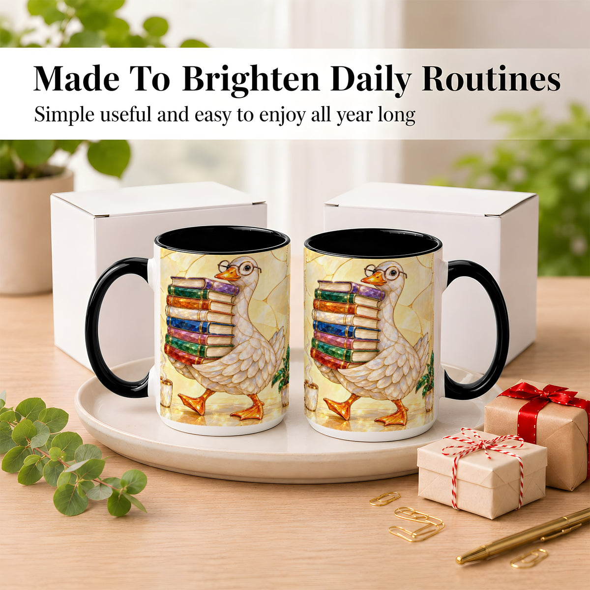 #pl[15oz|Black] Bookish Goose Coffee Mug, Reading Goose Mug, Ceramic Cup