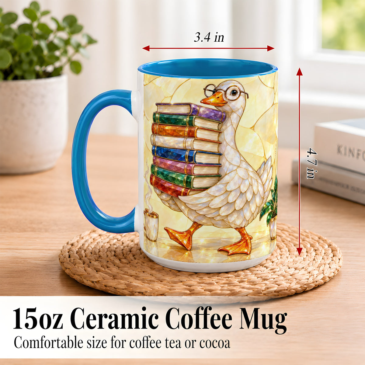 #pl[15oz|Blue] Bookish Goose Coffee Mug, Reading Goose Mug, Ceramic Cup