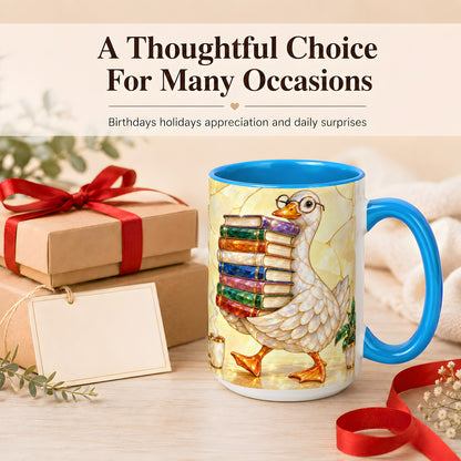 #pl[15oz|Blue] Bookish Goose Coffee Mug, Reading Goose Mug, Ceramic Cup
