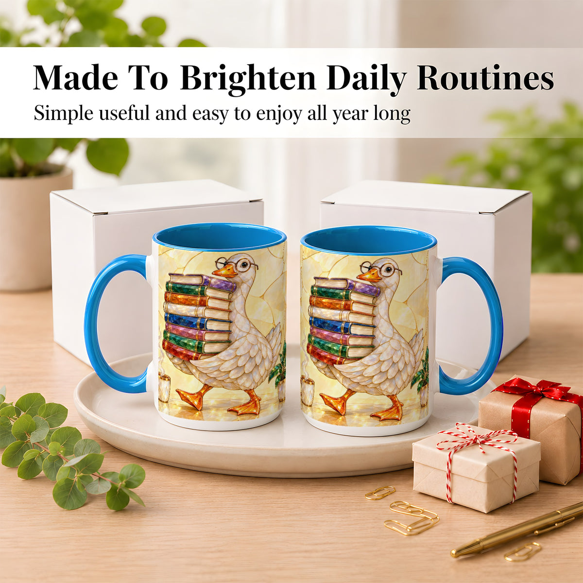 #pl[15oz|Blue] Bookish Goose Coffee Mug, Reading Goose Mug, Ceramic Cup