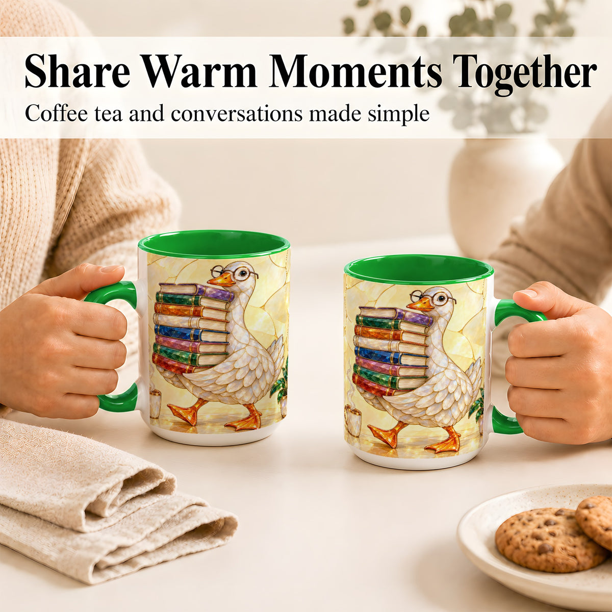 #pl[15oz|Green] Bookish Goose Coffee Mug, Reading Goose Mug, Ceramic Cup