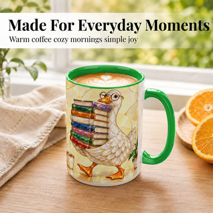 #pl[15oz|Green] Bookish Goose Coffee Mug, Reading Goose Mug, Ceramic Cup