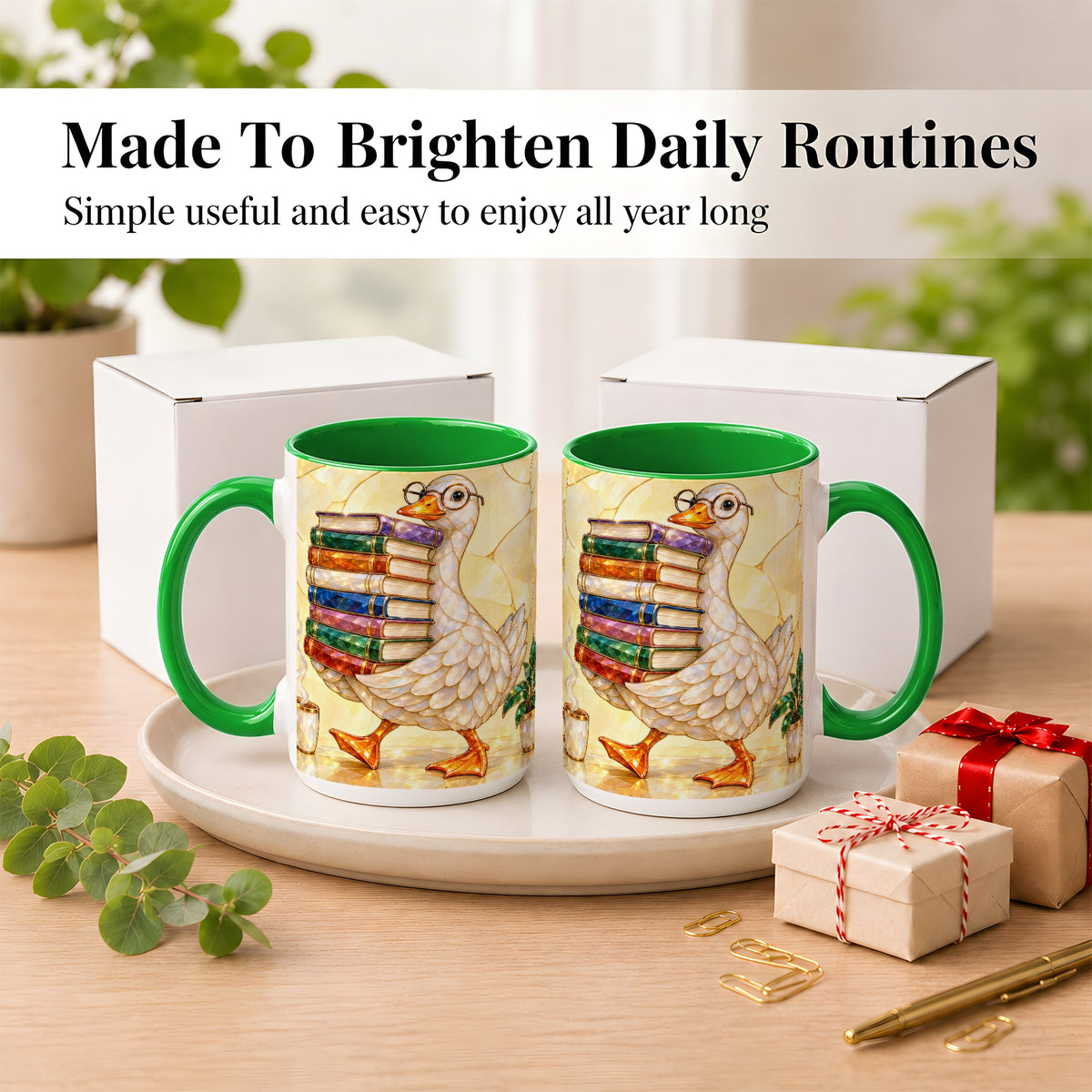 #pl[15oz|Green] Bookish Goose Coffee Mug, Reading Goose Mug, Ceramic Cup