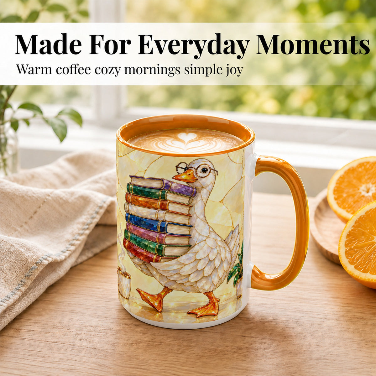 #pl[15oz|Orange] Bookish Goose Coffee Mug, Reading Goose Mug, Ceramic Cup