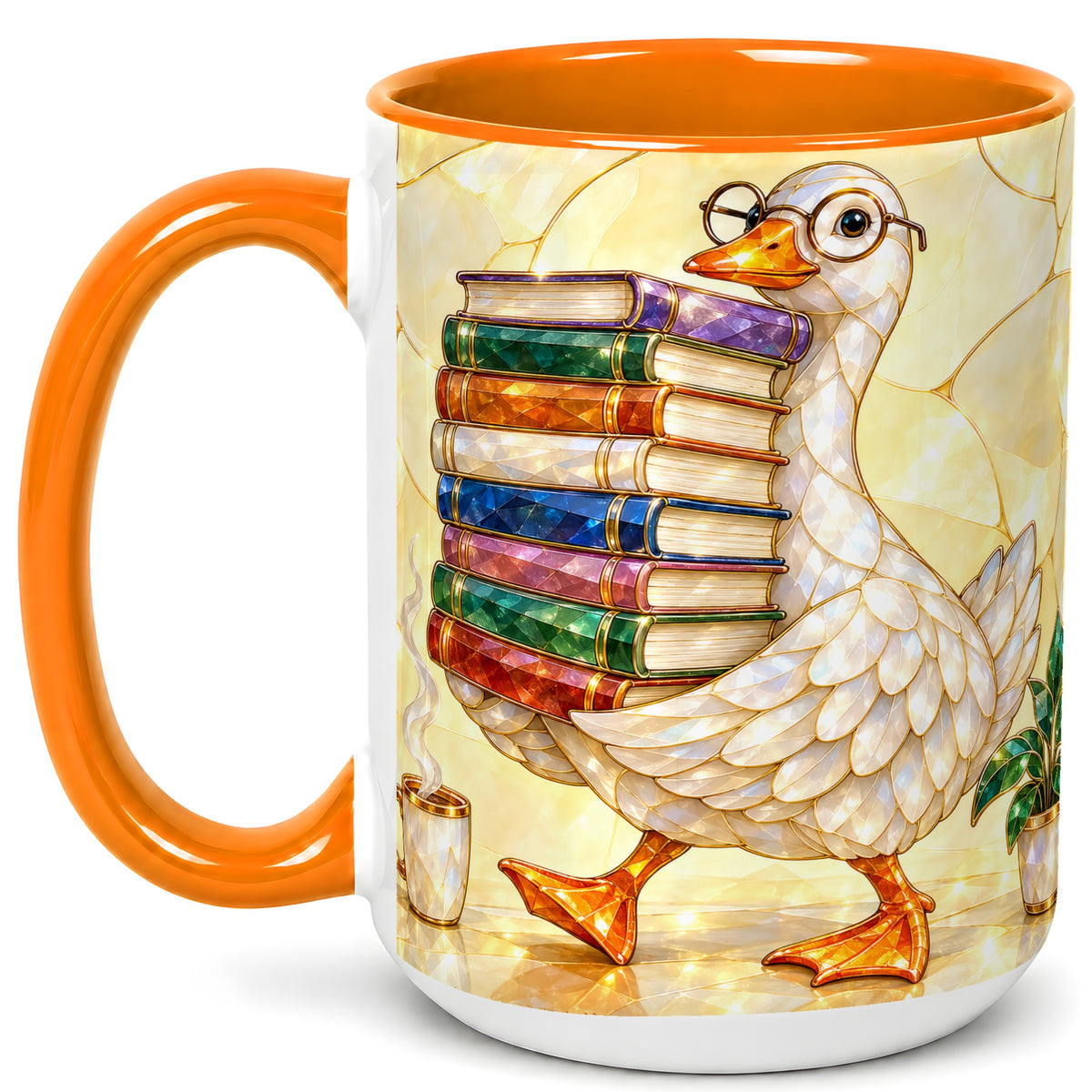 #pl[15oz|Orange] Bookish Goose Coffee Mug, Reading Goose Mug, Ceramic Cup
