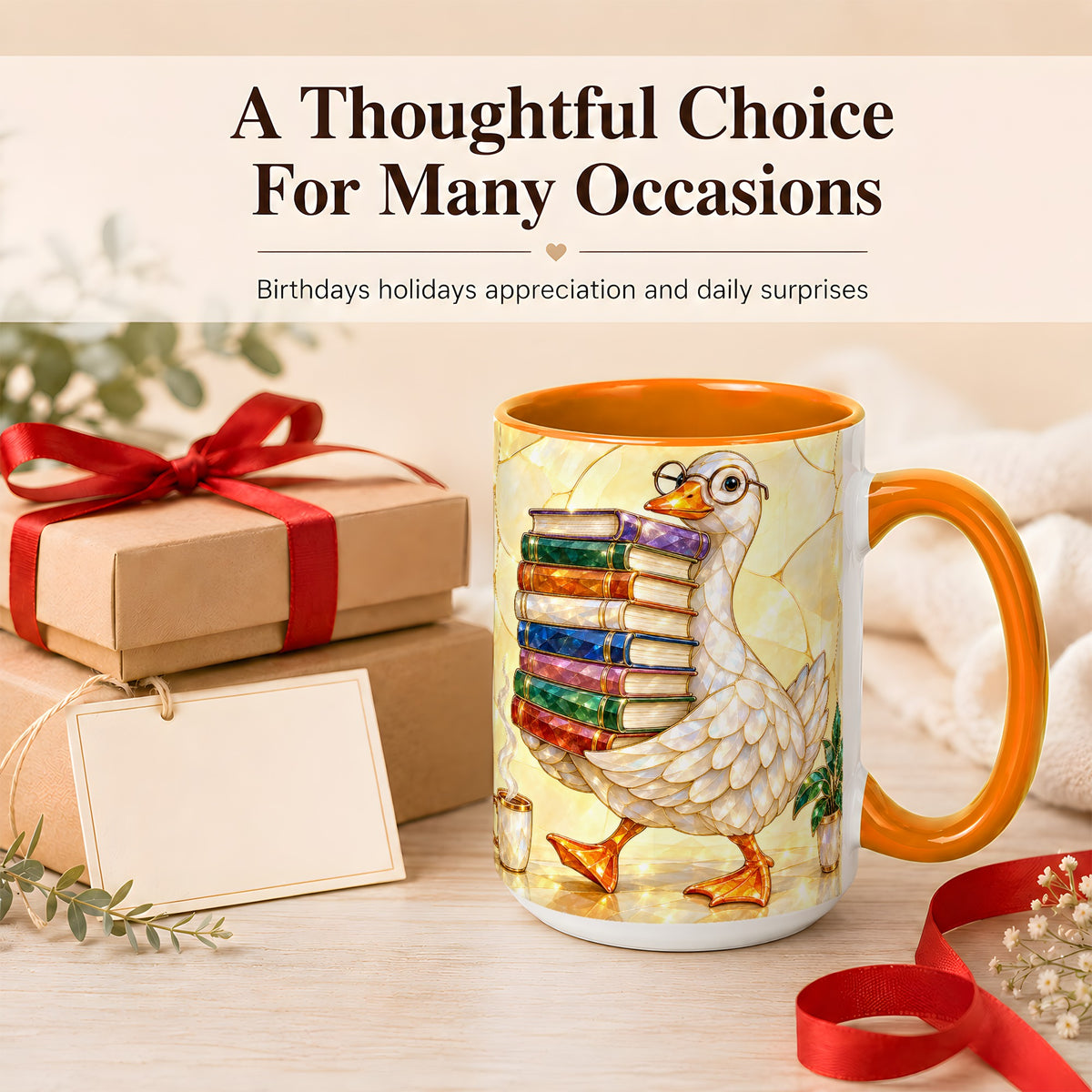 #pl[15oz|Orange] Bookish Goose Coffee Mug, Reading Goose Mug, Ceramic Cup
