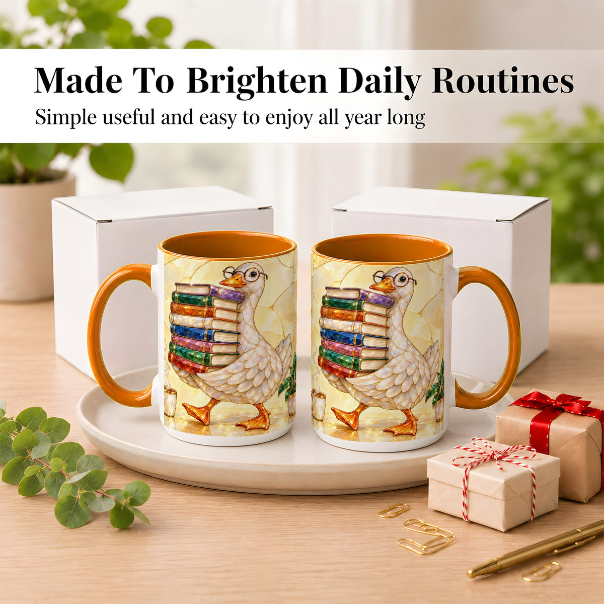 #pl[15oz|Orange] Bookish Goose Coffee Mug, Reading Goose Mug, Ceramic Cup