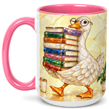 #pl[15oz|Pink] Bookish Goose Coffee Mug, Reading Goose Mug, Ceramic Cup