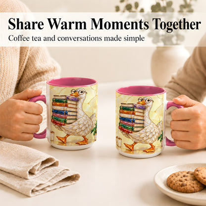 #pl[15oz|Pink] Bookish Goose Coffee Mug, Reading Goose Mug, Ceramic Cup
