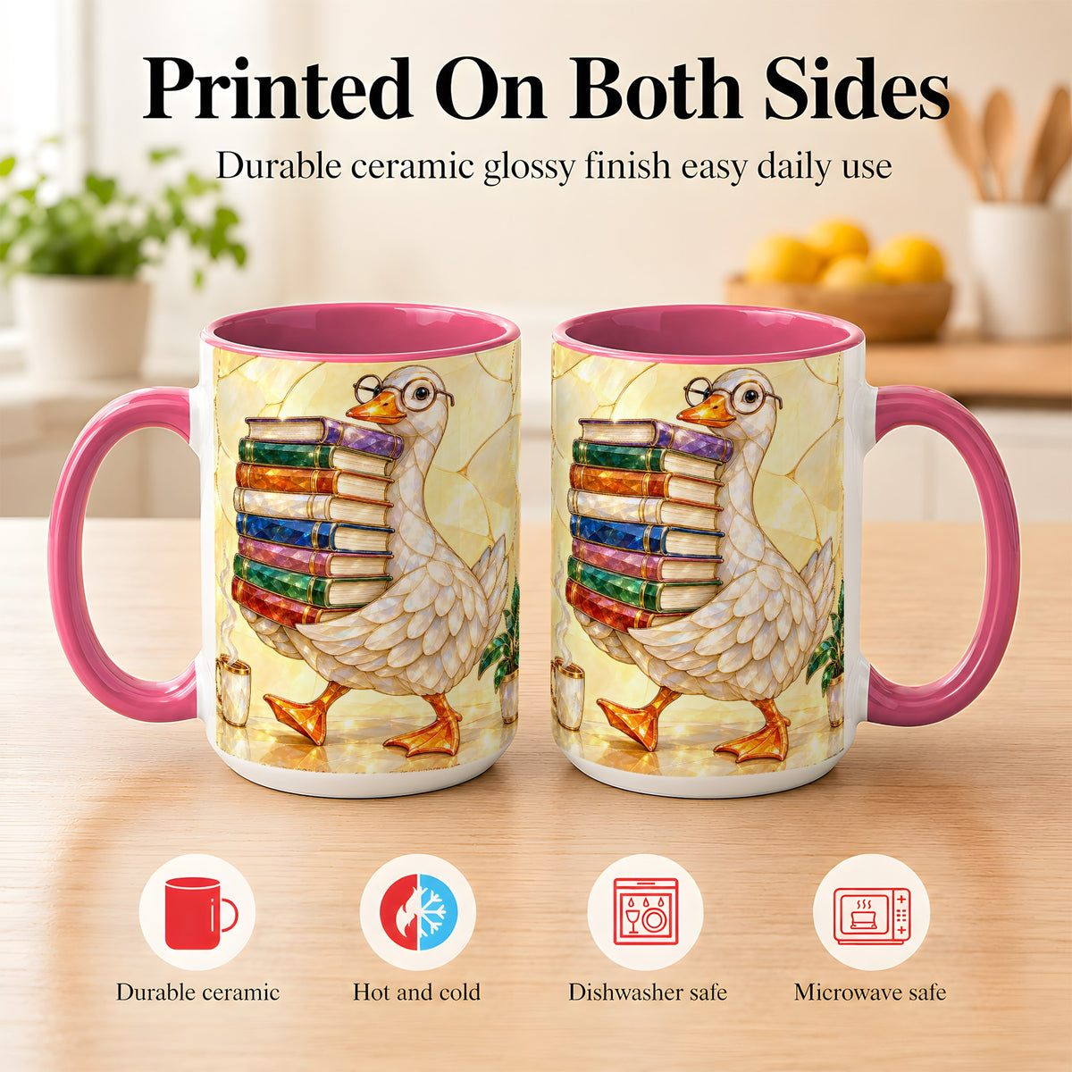 #pl[15oz|Pink] Bookish Goose Coffee Mug, Reading Goose Mug, Ceramic Cup