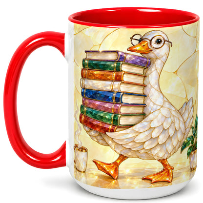 #pl[15oz|Red] Bookish Goose Coffee Mug, Reading Goose Mug, Ceramic Cup