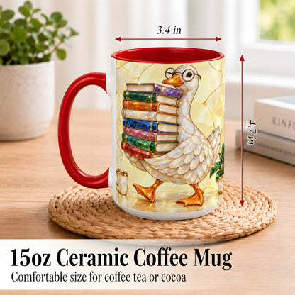 #pl[15oz|Red] Bookish Goose Coffee Mug, Reading Goose Mug, Ceramic Cup