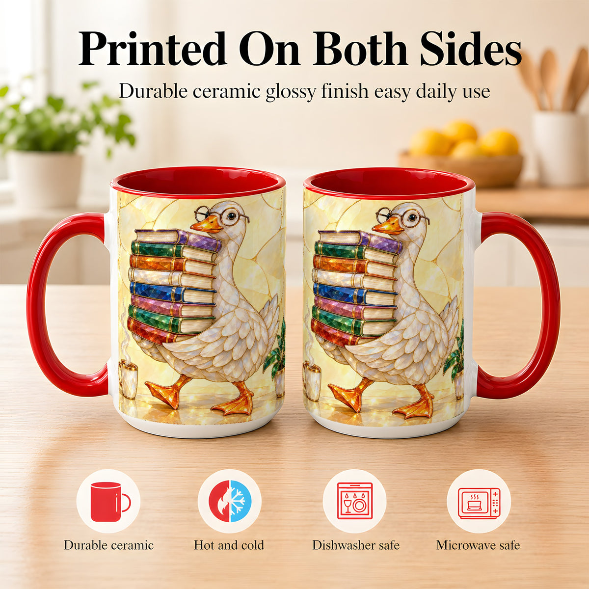 #pl[15oz|Red] Bookish Goose Coffee Mug, Reading Goose Mug, Ceramic Cup
