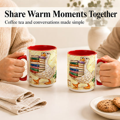 #pl[15oz|Red] Bookish Goose Coffee Mug, Reading Goose Mug, Ceramic Cup