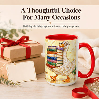 #pl[15oz|Red] Bookish Goose Coffee Mug, Reading Goose Mug, Ceramic Cup