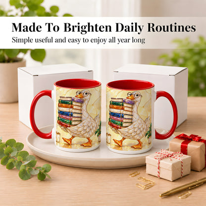 #pl[15oz|Red] Bookish Goose Coffee Mug, Reading Goose Mug, Ceramic Cup