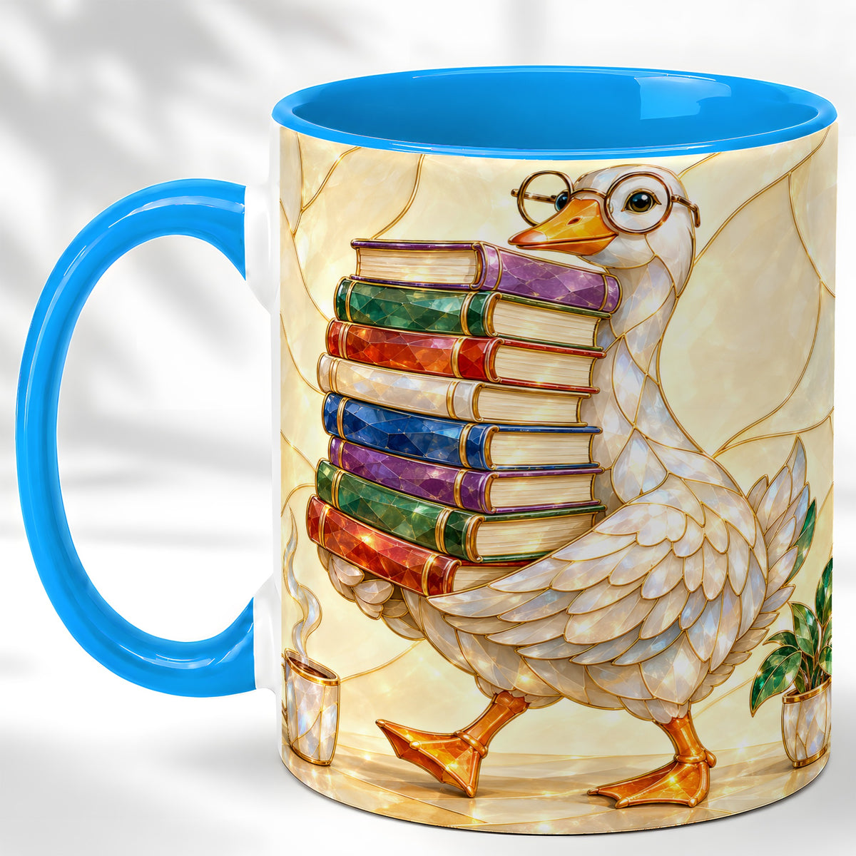 #pl[11oz|Blue] Bookish Goose Coffee Mug, Reading Bird Mug, Ceramic Cup