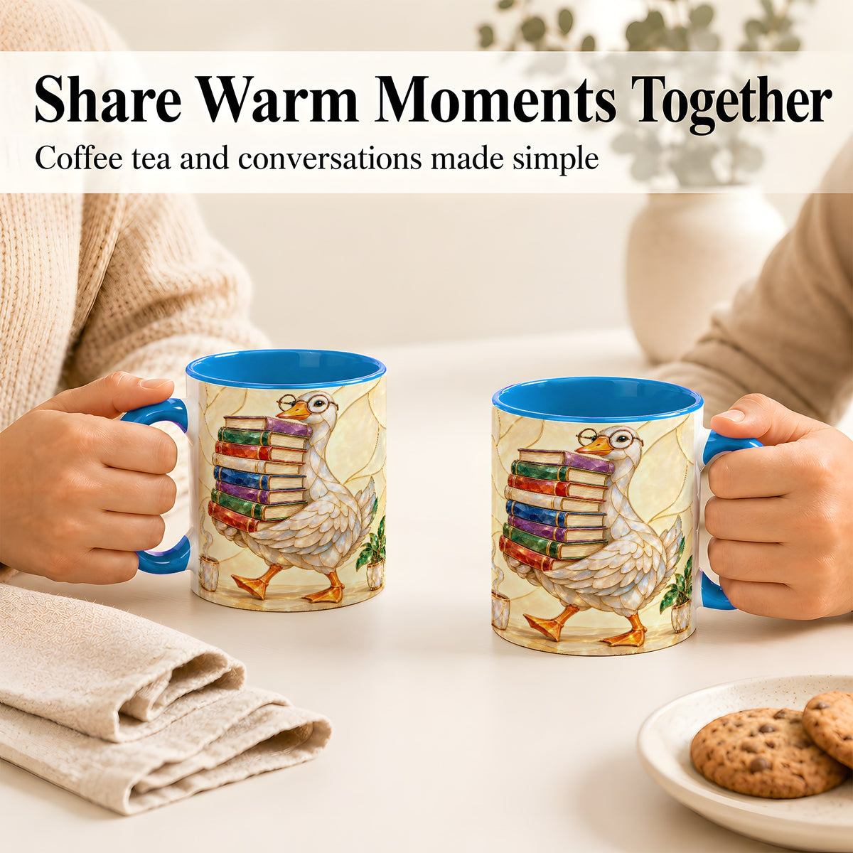 #pl[11oz|Blue] Bookish Goose Coffee Mug, Reading Bird Mug, Ceramic Cup