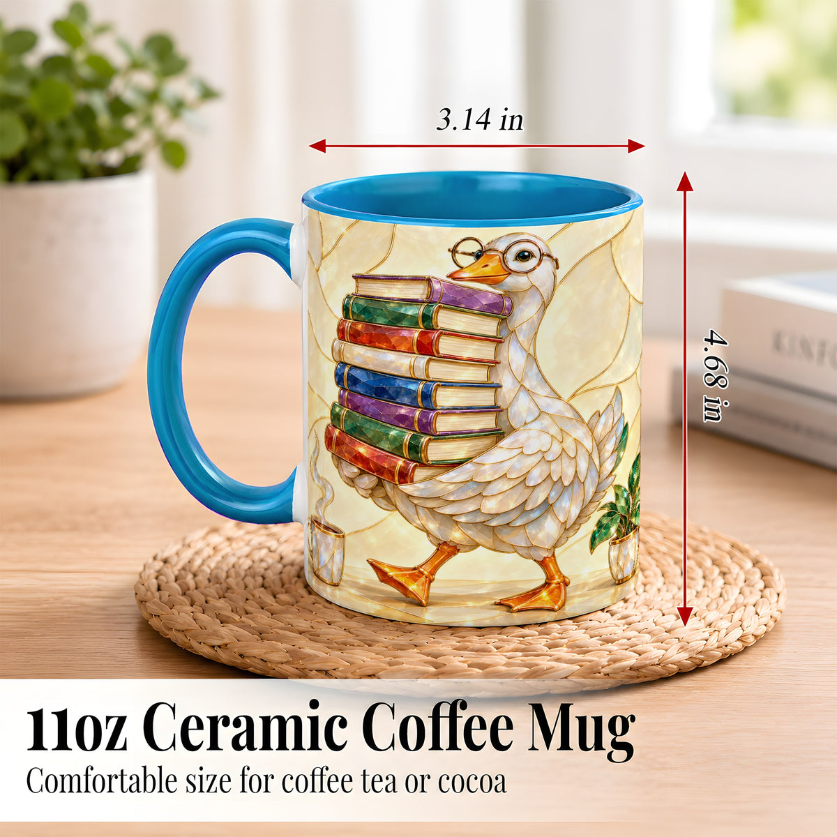 #pl[11oz|Blue] Bookish Goose Coffee Mug, Reading Bird Mug, Ceramic Cup