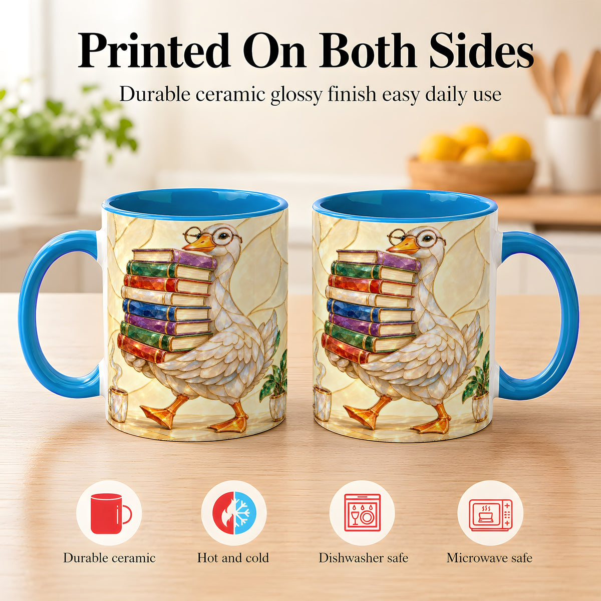 #pl[11oz|Blue] Bookish Goose Coffee Mug, Reading Bird Mug, Ceramic Cup