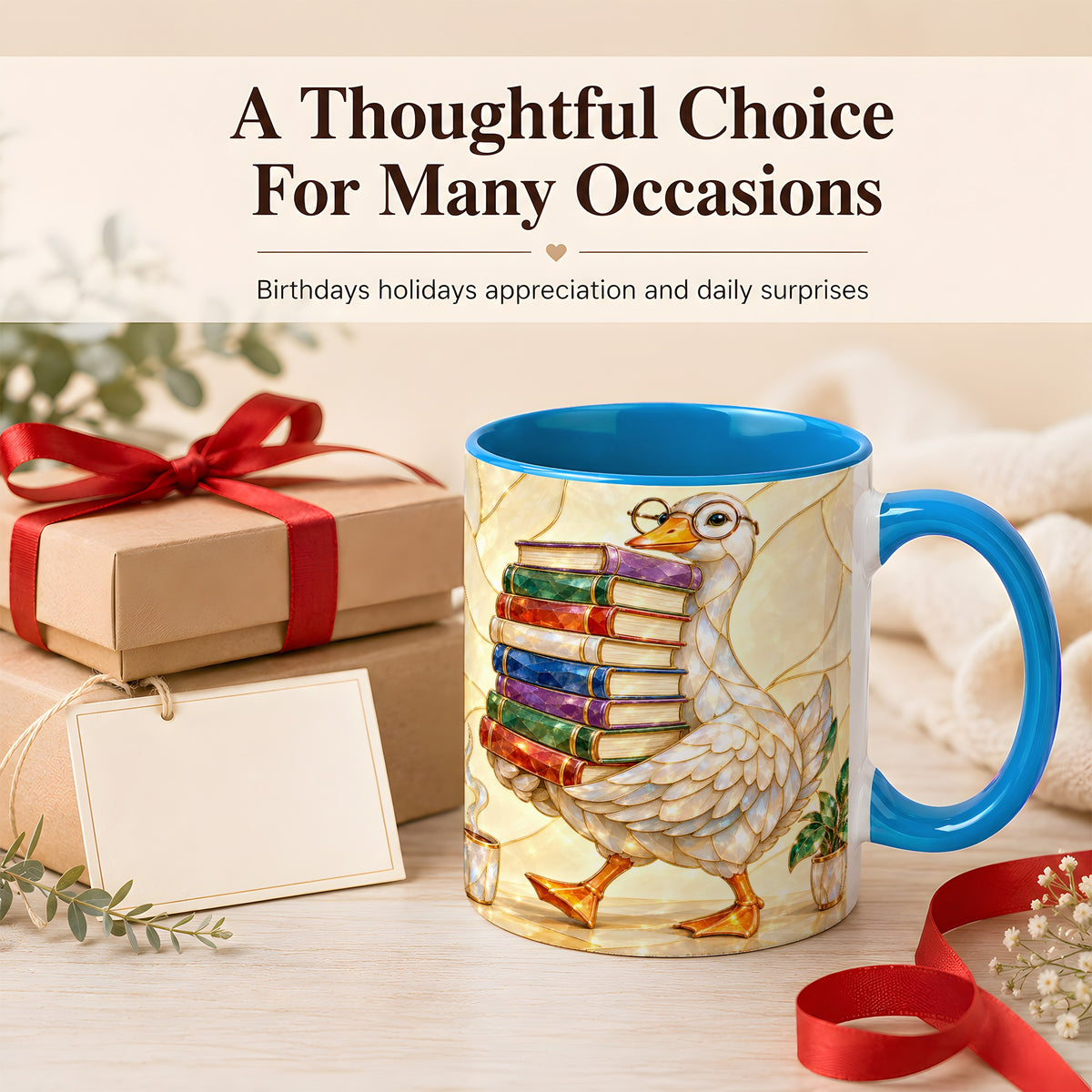 #pl[11oz|Blue] Bookish Goose Coffee Mug, Reading Bird Mug, Ceramic Cup