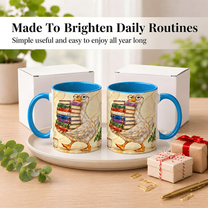 #pl[11oz|Blue] Bookish Goose Coffee Mug, Reading Bird Mug, Ceramic Cup