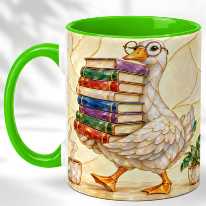 #pl[11oz|Green] Bookish Goose Coffee Mug, Reading Bird Mug, Ceramic Cup