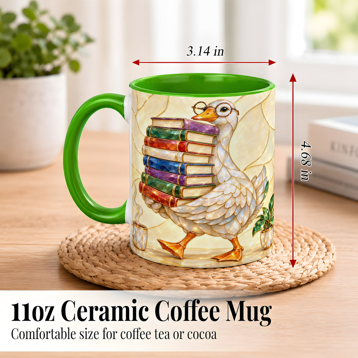 #pl[11oz|Green] Bookish Goose Coffee Mug, Reading Bird Mug, Ceramic Cup