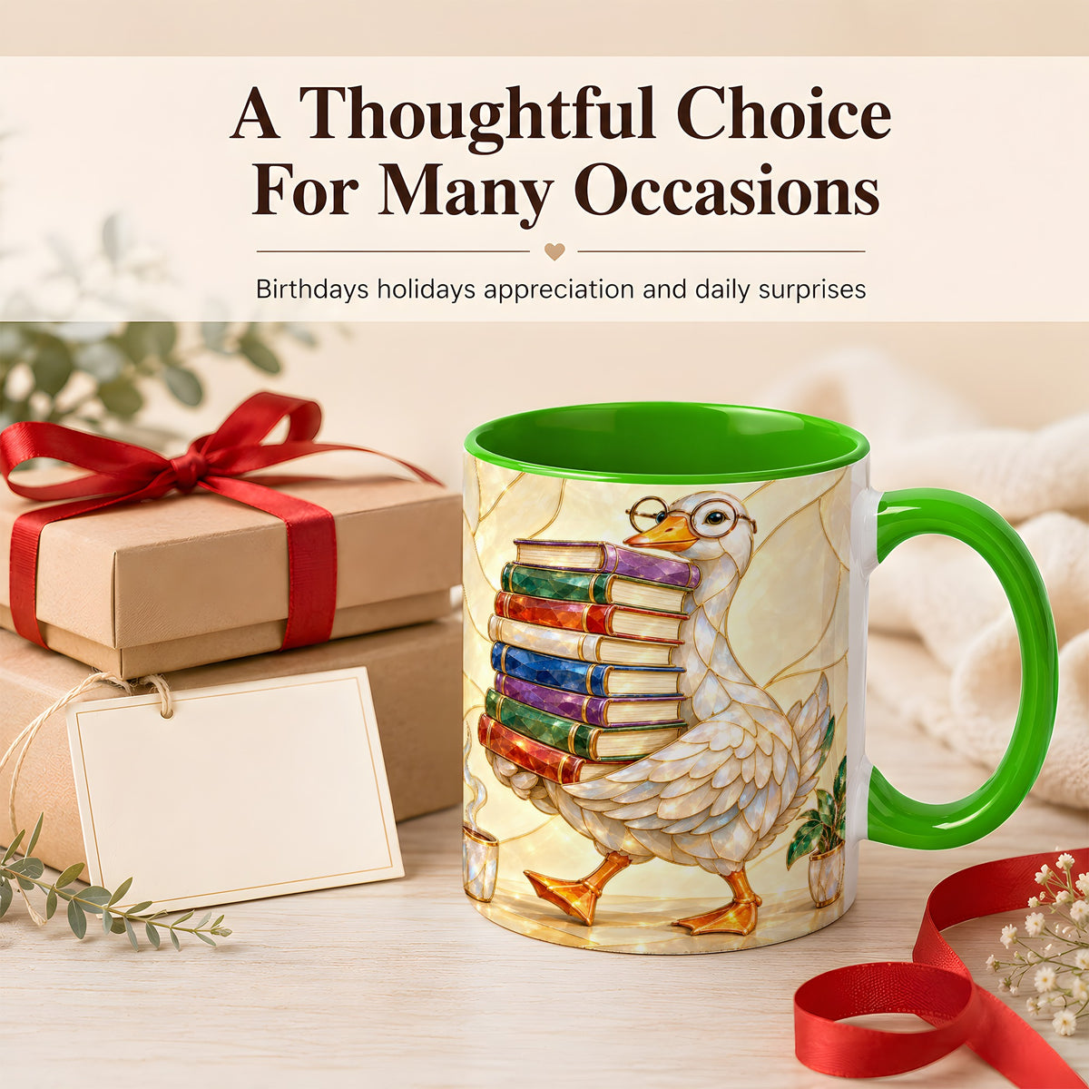 #pl[11oz|Green] Bookish Goose Coffee Mug, Reading Bird Mug, Ceramic Cup