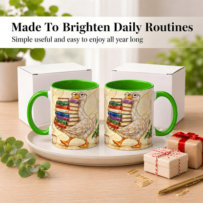 #pl[11oz|Green] Bookish Goose Coffee Mug, Reading Bird Mug, Ceramic Cup
