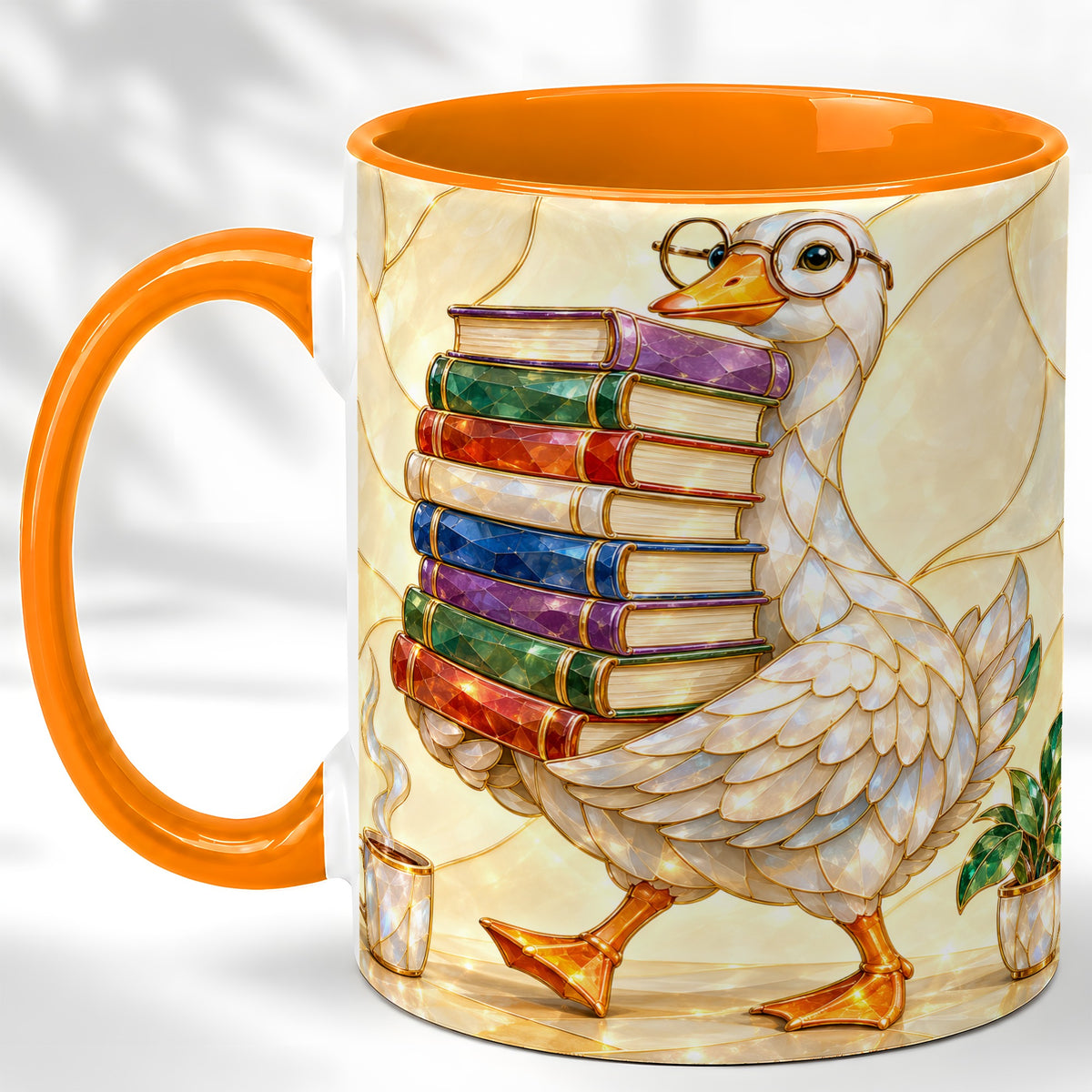 #pl[11oz|Orange] Bookish Goose Coffee Mug, Reading Bird Mug, Ceramic Cup