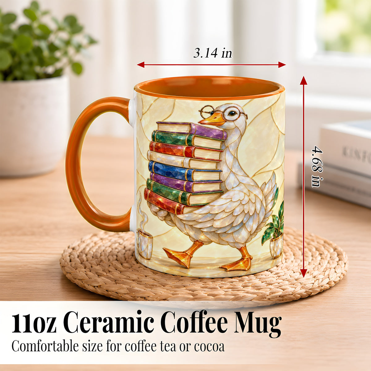 #pl[11oz|Orange] Bookish Goose Coffee Mug, Reading Bird Mug, Ceramic Cup