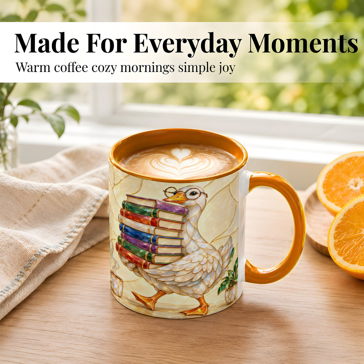 #pl[11oz|Orange] Bookish Goose Coffee Mug, Reading Bird Mug, Ceramic Cup
