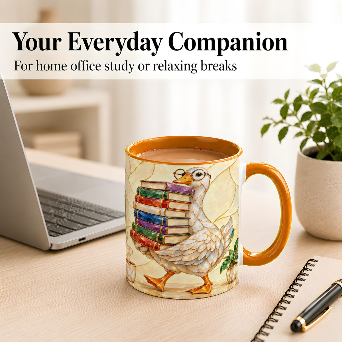 #pl[11oz|Orange] Bookish Goose Coffee Mug, Reading Bird Mug, Ceramic Cup