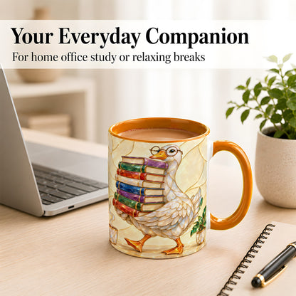 #pl[11oz|Orange] Bookish Goose Coffee Mug, Reading Bird Mug, Ceramic Cup