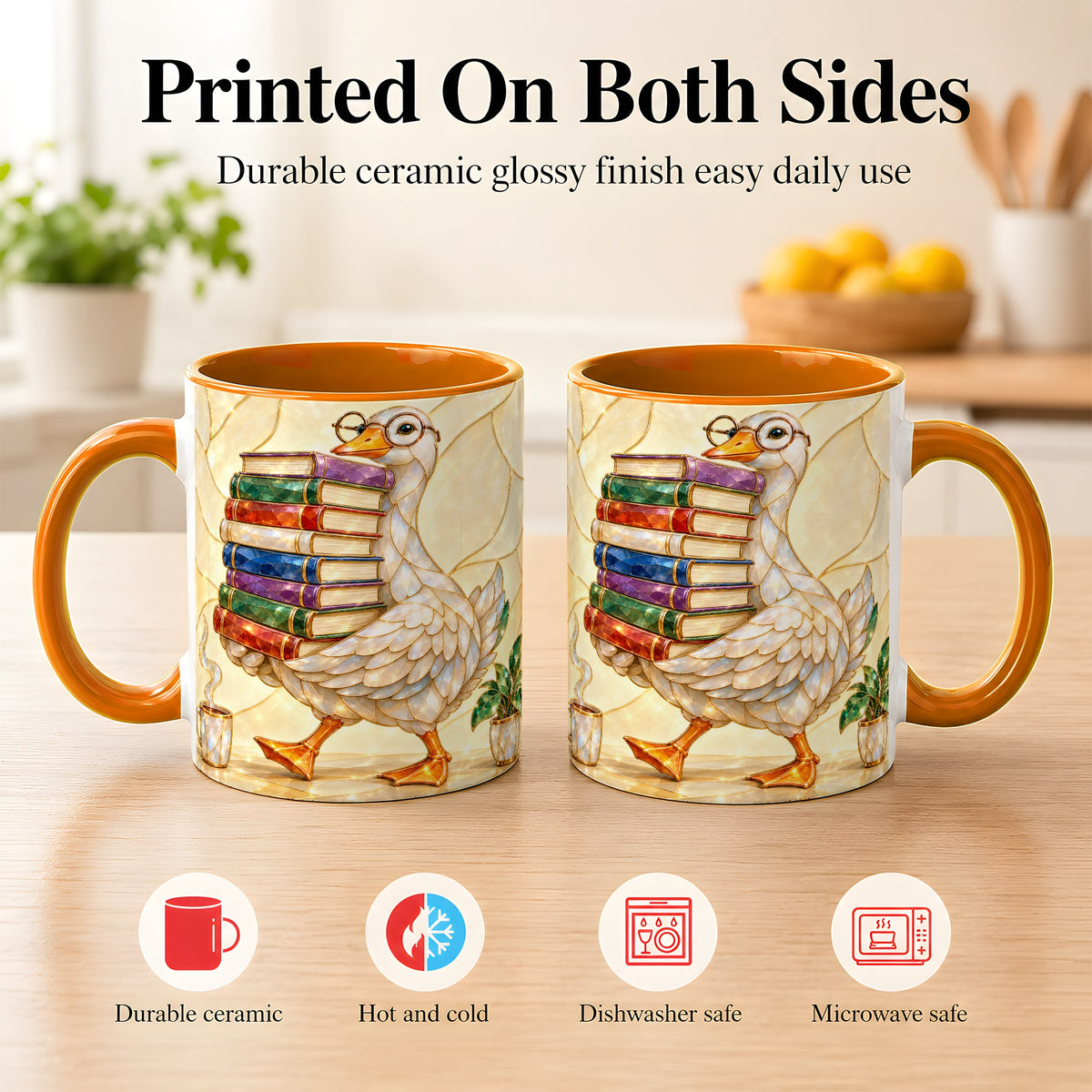 #pl[11oz|Orange] Bookish Goose Coffee Mug, Reading Bird Mug, Ceramic Cup